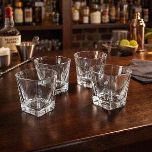 Vintage Lead Crystal Whiskey Glasses Set of 4 Square Base Old Fashioned